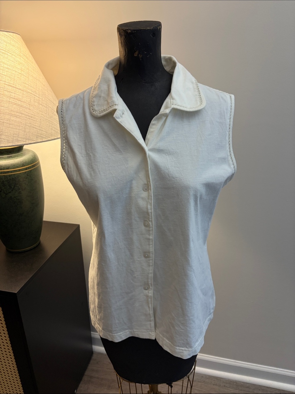VTG Land’s End Cottage Minimalist Cream Sleeveless Button-Up Tank Shirt Medium